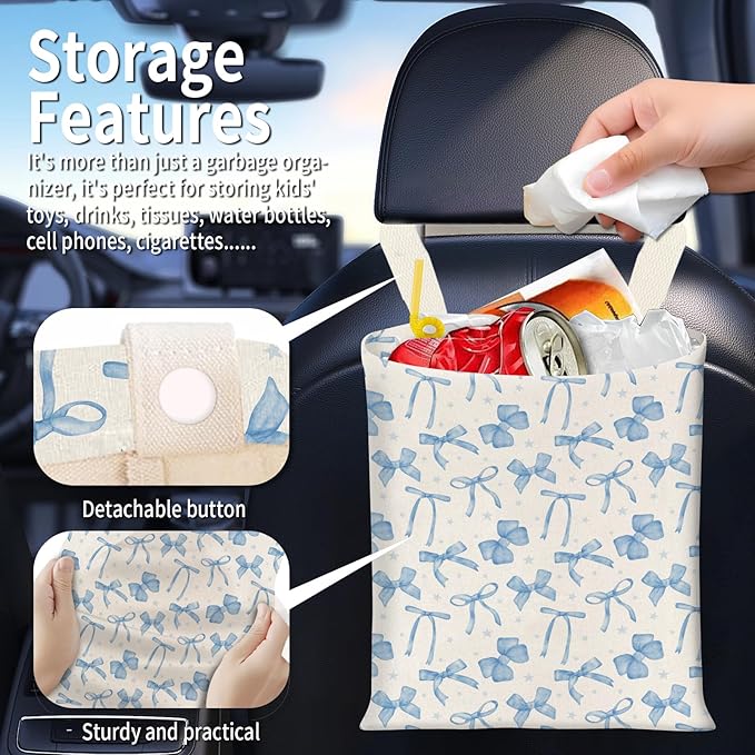 BEAKND Hanging Car Garbage Bag, Cute Car Trash Can Bag, Automotive Accessories for Women Men Watercolor Blue Bow