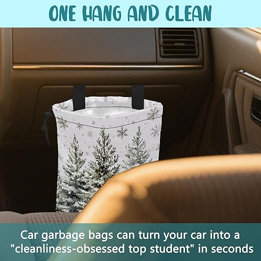 KXWQTRDD Car Garbage Bag Watercolor Snowy Green Pine Trees Hanging Canvas Car Trash Bag Drawstring Car Back Seat Organizer for Car Back Front Seat Console with Adjustable Buckle