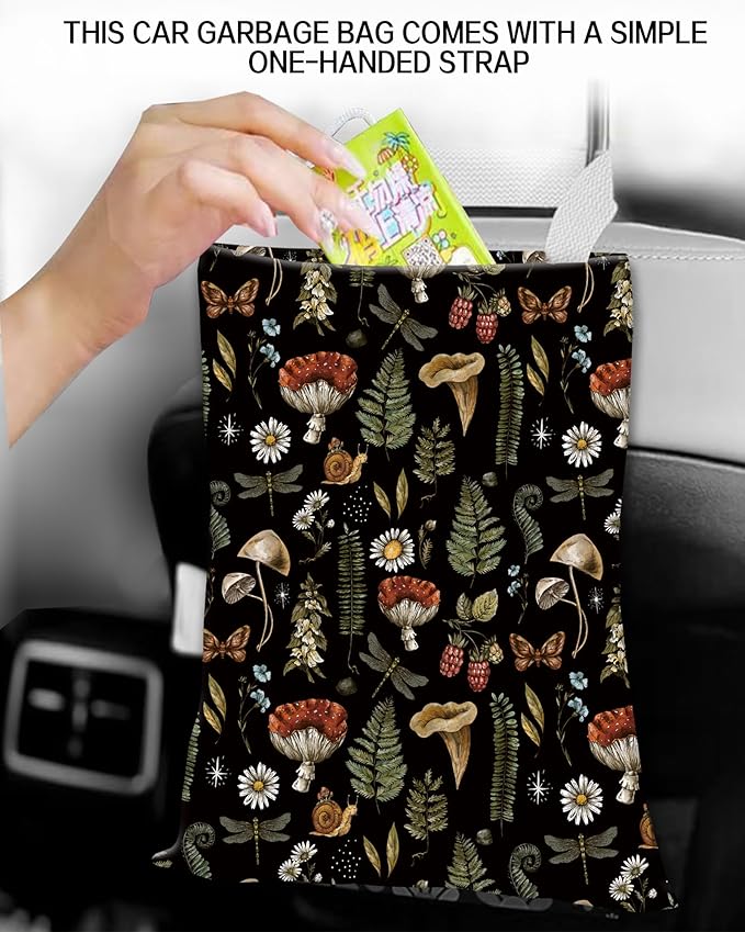 ANKVRP Hanging Car Trash Can Bag - Boho Brown Mushroom Design, Back Seat Organizer for Travel, Camping, Vehicle Accessories