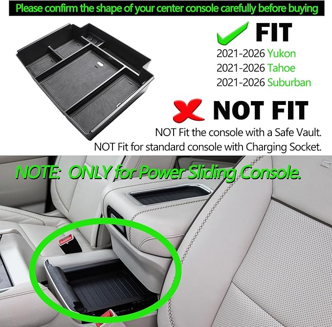 RUNROAD Center Console Organizer Tray Compatible with 2026 2025-2021 GMC Yukon/Chevy Tahoe/Suburban Accessories, Armrest Tray Secondary Storage Organizer Box, ONLY for Power Sliding Console, Black