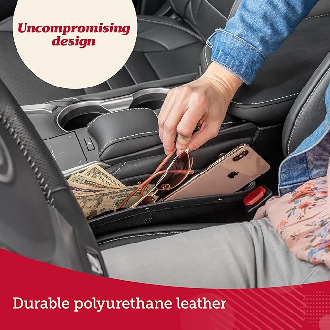 Lusso Gear Car Seat Gap Filler Organizer - 2-Pack Water-Resistant Storage for Auto Accessories - Universal Fit for Travel Essentials - Secure Spacer Organizes Car Essentials - Vegan Leather, Black