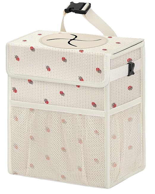 HORJONES Corduroy Car Trash Can with Lid and Mesh Pockets - Leakproof Organizer,Multipurpose Waterproof Garbage Can/Trash Bin for Car(Off-White Base with Red Strawberry Print-2 Gallons)