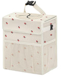 HORJONES Corduroy Car Trash Can with Lid and Mesh Pockets - Leakproof Organizer,Multipurpose Waterproof Garbage Can/Trash Bin for Car(Off-White Base with Red Strawberry Print-2 Gallons)