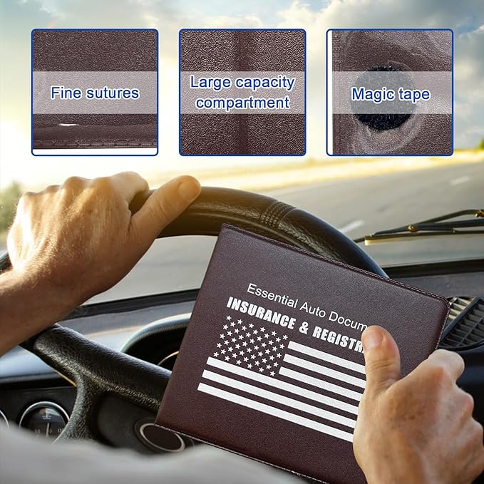 Ziciner Car Registration Insurance Holder, 2Pack Essential Auto Card Document Glove Box Organizer with Touch Fastener, Vehicle Interior Accessories Perfect for Most Car, Truck, SUV (Brown/White Flag)