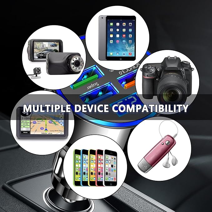 6 Ports Fast Car Charger with Voltage Monitor,Car Cigarette Lighter USB Charger (PD+QC3.0) Compatible with iphone13/14/15 & Most Android Models,Car Must Haves USB C Car Charger (2PCS)