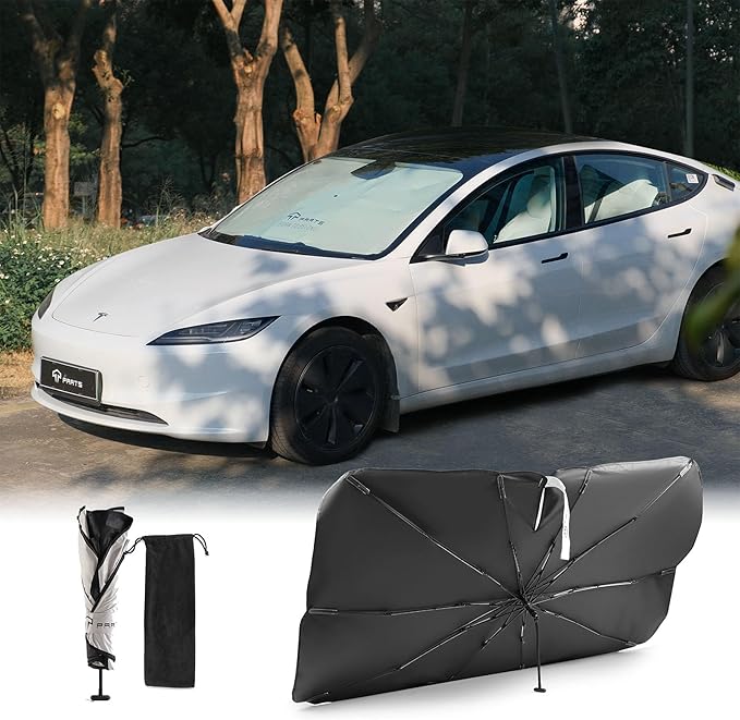 TPARTS Windshield Sun Shade Umbrella for Tesla Model Y/3/S/X 2017-2025, Full-Size Foldable UV Ray Reflector with Fiberglass Ribs & 360° Bendable Handle Car Interior Windshield Cover (54" L x 35" W)