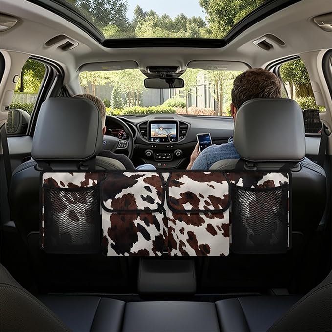 CLOHOMIN Brown Cow Print Backseat Trunk Organizer Hanging Car Organizer Backseat for SUV Auto Truck Washable Backseat Storage Organizer for Car Easy to Install Rear Seat Storage Bag