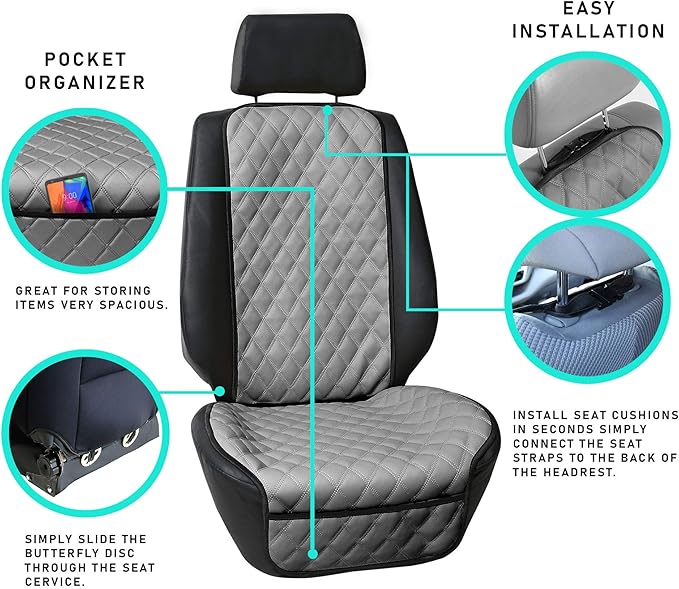 FH Group Car Seat Cushion – Faux Leather Single Front Seat Cover with Front Pockets, Airbag Compatible, Universal Fit Car Seat Cushion for Driver or Passenger Seat, SUV, Truck, Sedan & Van – Gray