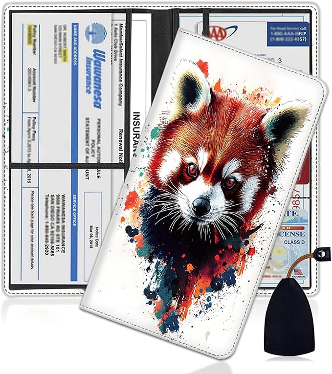 Car Document Holder with Magnetic Shut, Car Registration and Insurance Card Holder, Vehicle Glove Box Organizer Documents, Driver License, Auto Paperwork Organizer Wallet, Colorful Raccoon Portrait