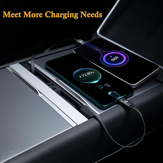 Car USB Hub Charger for Tesla Center Console with Fast Charging Retractable Cables Phone Charger Docking Station Accessories(Model Y Juniper 2025-2026 & Model 3 Highland 2024-2026)