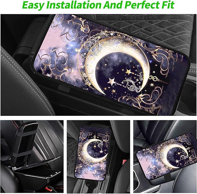 JANENFNA Car Armrest Cover Pads Universal Fashion Cute Auto Center Console Armrest Cover Pad with 2PCS Car Coasters Soft Waterproof Car Armrest Seat Protector for Women,Crescent Stars in Sky