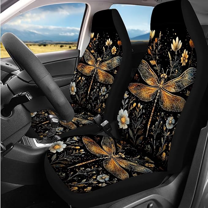 Dngkaoje Art Dragonfly Car Seat Accessories Full Set 13 Pcs Dragonfly Print Car Seat Covers Set for Front Back,Universal Auto Accessories with Hanging Vehicle Trash Bin,Seatbelt Pads,Armrest Pad