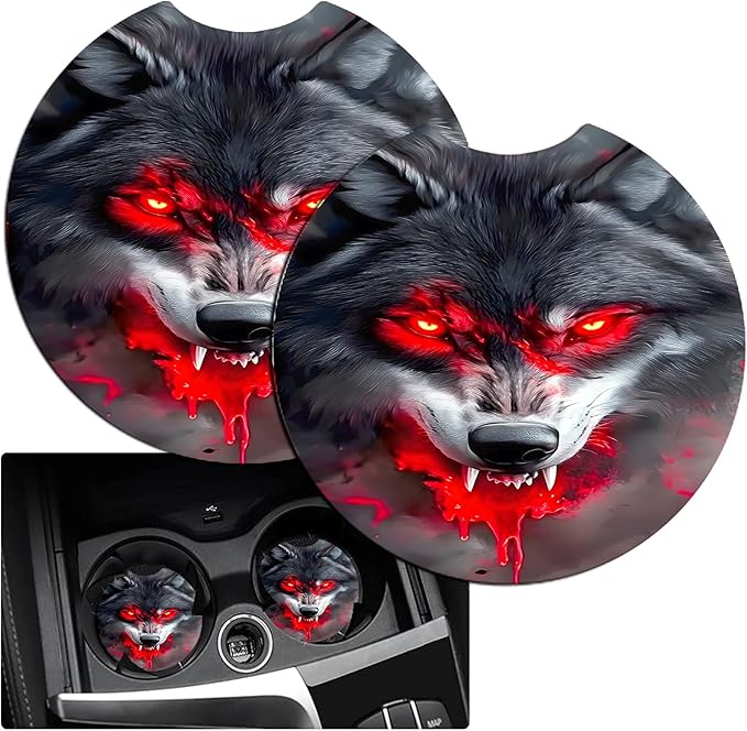 JANENFNA Car Armrest Cover Pads Universal Fashion Cute Auto Center Console Armrest Cover Pad with 2PCS Car Coasters Soft Waterproof Car Armrest Seat Protector for Women,Blood Wolf