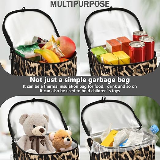 Leopard Print Car Trash Can Car Garbage Bag with Lid Hanging Waterproof Leak Proof Vehicle Storage Bin