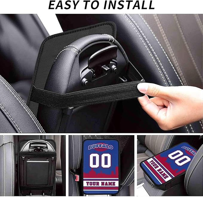 Custom Buffalo Car Armrest Covers Personalized Football Style with Name Number Customized Auto Center Console Pad Car Handrail Box Cushion for Most Vehicle Decor Accessories, Fans Gift