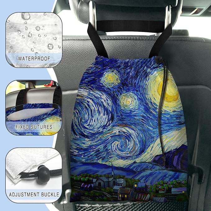 GEGEPINK Car Trash Bag Hanging Back of Seat Waterproof Small Cute Printed One-Handed Strap Drawstring Garbage Bags for Car-Starry Night