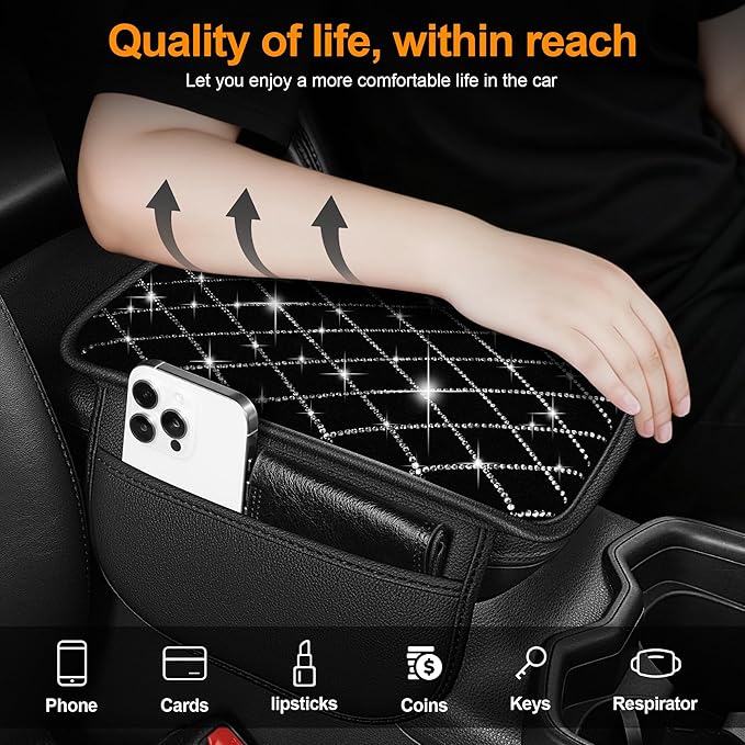 Bling Armrest Cover for Car Compatible with Jeep Grand Cherokee L - Center Console Cover with 2 Storage Pockets and Crystal Diamond(Black)