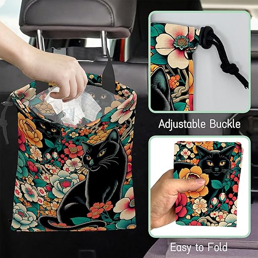 NHNXHWIA Black Cats Car Trash Bag,Tropical Flowers Hanging Drawstring Car Garbage Bag,Waterproof Canvas Car Back Seat Organizer with Adjustable Buckle,for Vehicles,SUVs,Camping,Road Trips