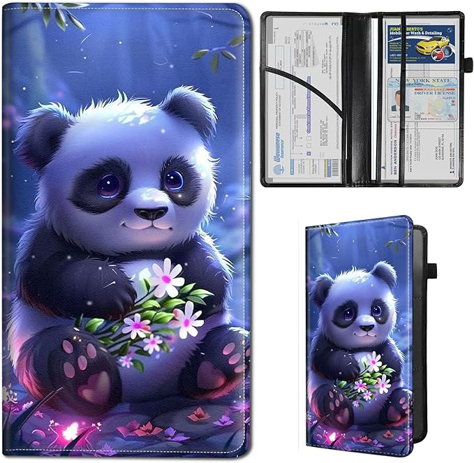 Qindaiwen Car Registration and Insurance Holder, Vehicle Card Document Elastic Band Closure Glove Box Organizer, Driver License Cards, Car Accessories for Essential Info, Lovely Panda