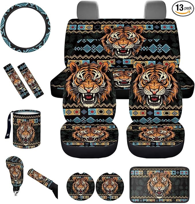 Dngkaoje Animal Tiger Car Seat Covers Full Set 13 Pcs Western Tiger Car Accessories Set with Steering Wheel Covers,Universal Collapsible Garbage Bin,Cup Holders,Armrest Cushion Pad