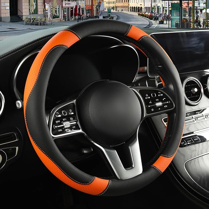 Binsheo Microfiber Leather Steering Wheel Cover Large for Ford F150 F250 F350 RAM 4Runner Tacoma Tundra Range Rover Model X Model S, Breathable, Anti Slip, 15.5 inch to 16 inch, Black with Orange