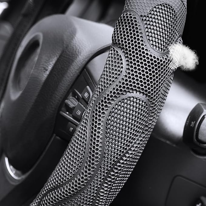 Elantrip Leather Steering Wheel Cover Great Grip with 3D Honeycomb Anti-Slip Design, Universal 14.5-15 Inch Car Wheel Protector Black