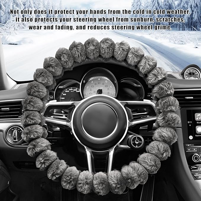 Fluffy Car Steering Wheel Cover, 14.5-15 Inches Anti-Slip Plush Fuzzy Steering Wheel Protector, Soft Warm Steering Wheel Cover Interior Decor for Women Girl, Car Accessories (Gray)