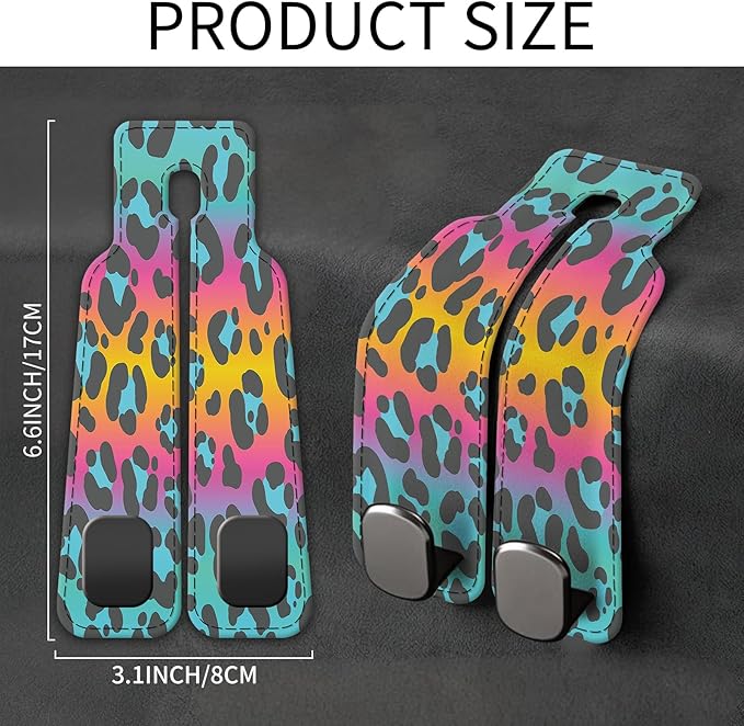 AXBSAKDI Car Seat Back Storage Headrest Hook, Premium Leather Double Metal Hook, Hanger Storage Organizer for Purse Cloth Bag, Car Interior Accessories Colorful Cute Leopard