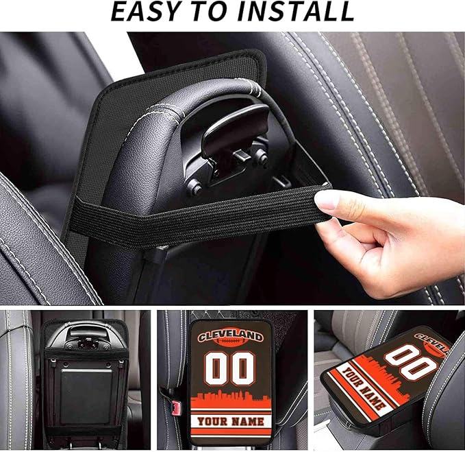 Custom Football Car Armrest Covers Personalized Football Style with Name Number Customized Auto Center Console Pad Car Handrail Box Cushion for Most Vehicle Decor Accessories, Orange