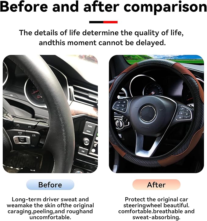 Car Steering Wheel Cover, 15 inch Carbon Fiber Microfiber PU Leather Elastic Steering Wheel Protector for Men Women, Anti-Slip Breathable Car Interior Accessories for Most Cars (Coffee)