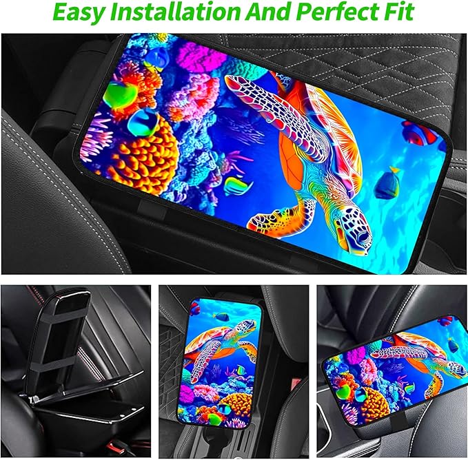 JANENFNA Car Armrest Cover Pads Universal Fashion Cute Auto Center Console Armrest Cover Pad with 2PCS Car Coasters Soft Waterproof Car Armrest Seat Protector for Women,Colorful Turtles in Sea