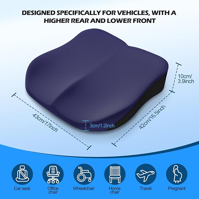 Car Seat Cushion for Driving, Memory Foam Driver Seat Cushion with Lower Back & Tailbone Pain Relief. Automotive Cushion for Car Suitable for Trucks, Sedans, and Other Vehicles