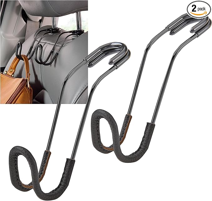 High Road Car Hooks for Purses and Bags with Leather Trim - Unbreakable Car Seat Hooks for Large Purse Straps and Heavy Bags up to 40 lbs - Secure Attachment Loops Fit All Headrest Posts, 2-Pack