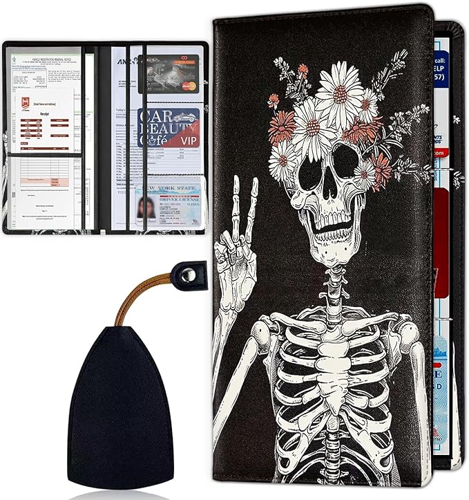 Car Registration and Insurance Card Holder for Women Men, Waterproof PU Leather Glove Box Car Organizer with Magnetic Shut, Vehicle Document Holder for Driver License, Skull Skeleton with Flowers