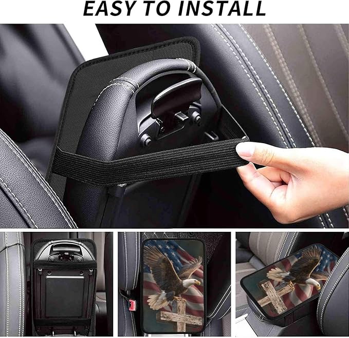 American Flag Jesus Cross Eagle Center Console Cover Pad, Car Armrest Seat Box Cover Cushion Universal for Most Vehicle SUV Truck, Car Interior Accessories Decor, Protect from Pet Claws & Dirt