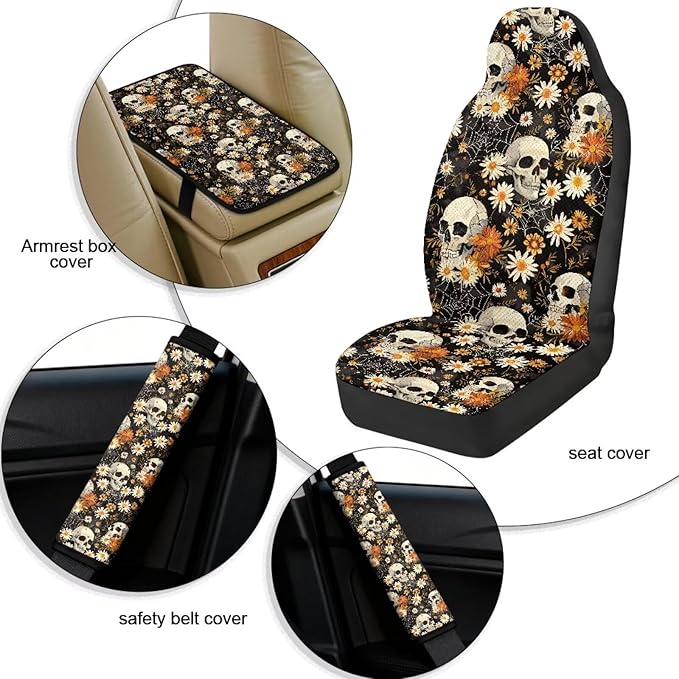 Qeluxign 5-Piece Car Accessories Set Skull Daisy Spider Web Universal Fit PU Leather Seat Covers Seatbelt Pads and Armrest Cover for Cars, Trucks, SUVs