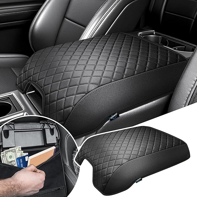 Center Console Cover Compatible with 2015-2020 Ford F150, 2017-2022 F250 F350 F450, 2018-2024 Expedition, Leather Armrest Cover Center Console Cushion with Hidden Pocket (Bucket Seat Only)