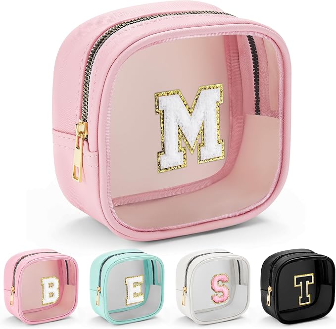 YOOLIFE Mini Initial Makeup Bag | Travel Toiletry Bag | Clear Makeup Bag | Travel Essentials Gifts for Women Teen Girlfriend Teacher Birthday Gifts | Clear Toiletry Bag Small Mini Cosmetic Bag Pink M