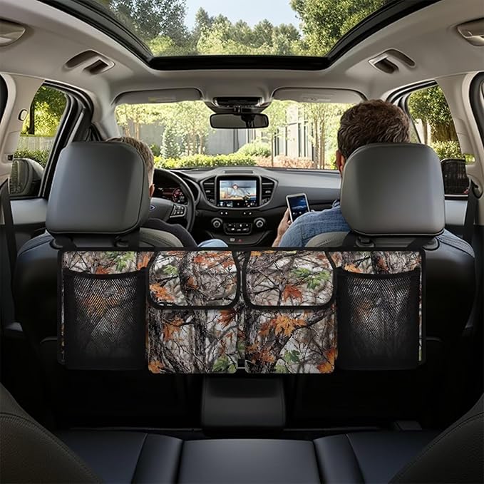 Car Storage Organizer New Version, Woods Camouflage Hanging Trunk Organizer with 4 Functional Storage Bags, Car Trunk Storage Bag for SUV Truck MPV VAN
