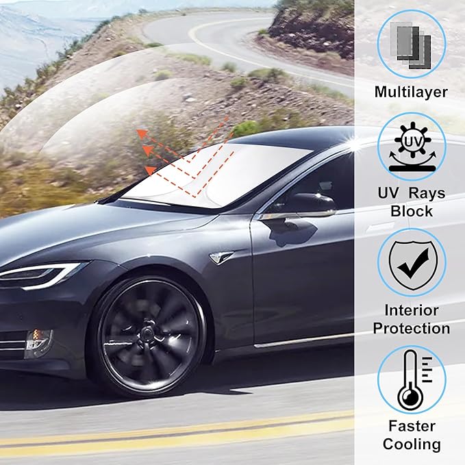 Windshield Sun Shade Custom Fit 2012-2024 2025 Tesla Model S Accessories (Fit Long Range/LR Model) Foldable Sunshade Sun Blocker Visor Protector