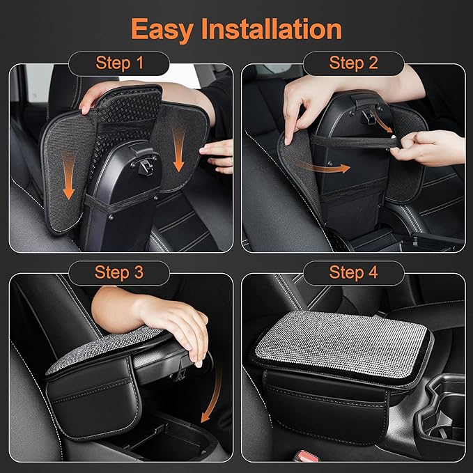 Bling Car Center Console Cover Custom Fit for Jeep Grand Cherokee L - Leather Armrest Cover with 2 Storage Pockets and Crystal Rhinestones(Black)