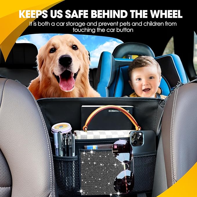 Black Diamond Car Handbag Holder Between Seats Bling Rhinestone Car Storage Bag Large Capacity Purse Phone Ipad Automotive Consoles Organizer Safe Barrier of Backseat Pet Kids…