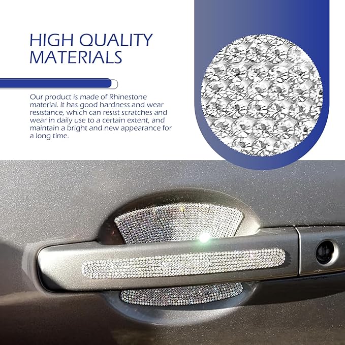 8PCS Bling Car Door Handle Protectors, Shiny Auto Doors Bowl Protective Sticker, Crystal Rhinestone Door Handle Scratch Decals, Auto Vehicle Protector Decor Covers (White)