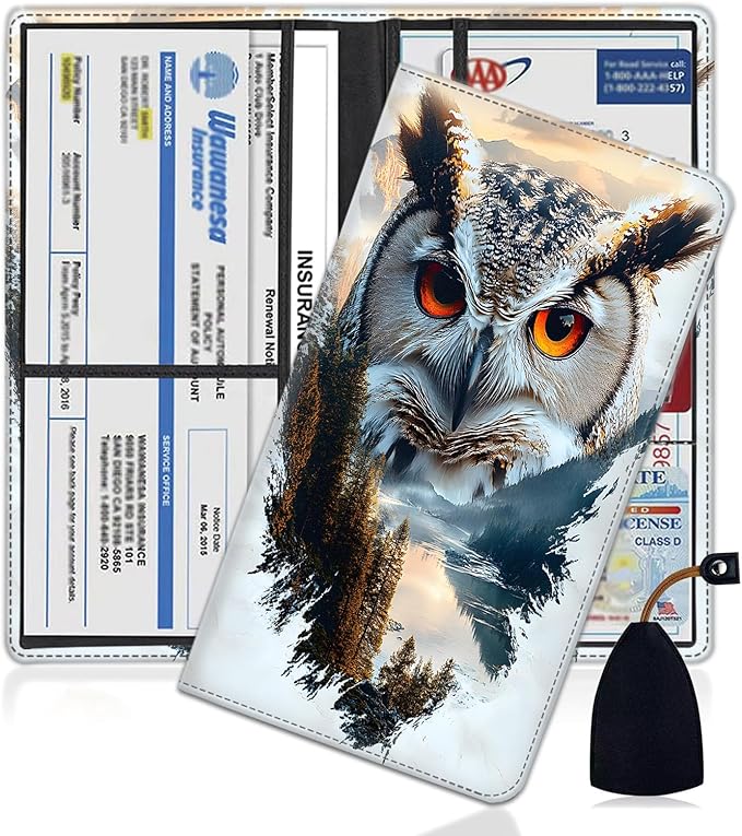 Yuxcfhjfe Car Document Holder with Magnetic Shut, Car Registration and Insurance Card Holder, Vehicle Glove Box Organizer Documents, Driver License, Auto Paperwork Organizer Wallet, Owl Gaze Pattern