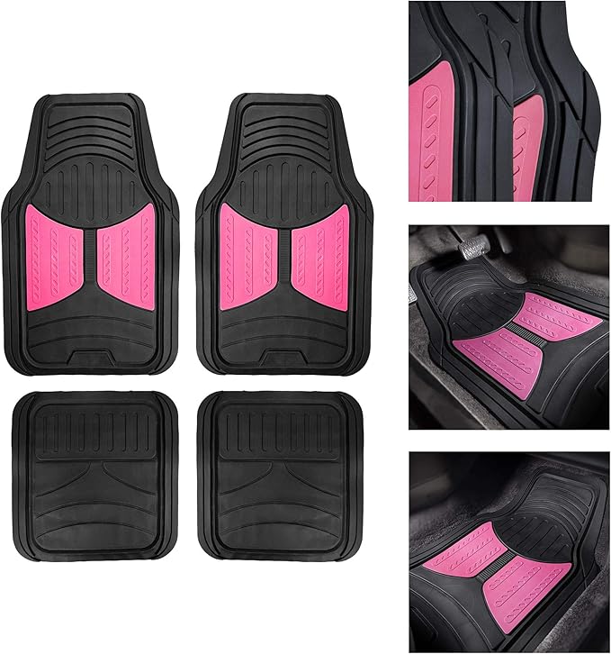TLH Pink Heavy-Duty Rubber Car Floor Mats, Universal Fit, Full Set, Climaproof, Waterproof, Truck Mats