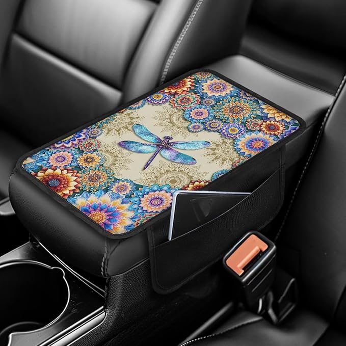 Dreaweet Boho Dragonfly Car Armrest Cover for Women Car Center Console Cushion Pad Easy to Install Car Arm Rest Cover with Pockets Universal Console Covers for Car SUV Trucks Van