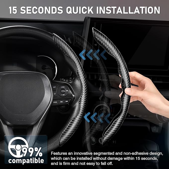 Cartist Carbon Fiber Steering Wheel Cover - Anti-Slip, Steering Wheel Cover for Men/Women - Durable, Universal Car Accessory (Black)