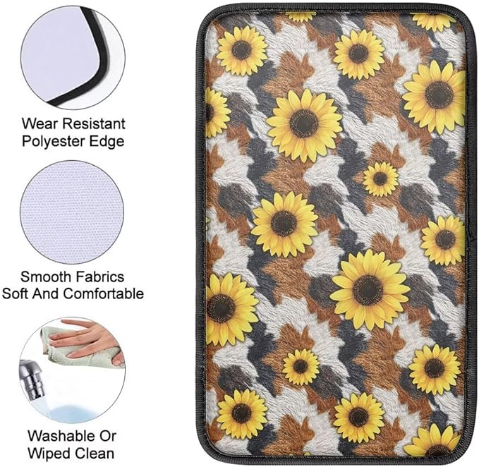 Sunflower Cow Print Center Console Cover Car Center Console Cover Fashion Auto Interior Protect from Pet Claws Car Console Covers Fit for Most Cars, Vehicles, SUVs