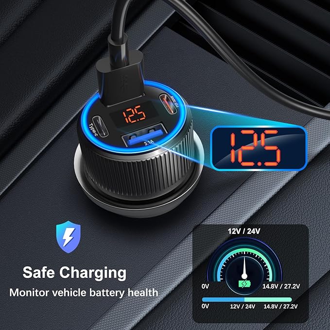 65W 4 Port Super Fast Type C Car Charger for Samsung S25 S24 S23 Ultra A53 A16, Multi Port PD/QC 3.0 Fast Charging Cigarette Lighter USB Charger with Voltage Meter++4 Pack USB C Cables