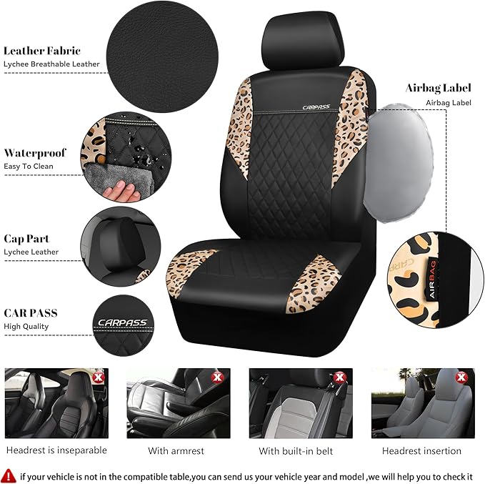 CAR PASS Leopard Print Faux Leather Car Seat Covers & Leopard Car Mats&Leopard Steering Wheel Cover Seat Belt Pad Universal Car Accessories for SUV,Van,Saden,Truck Automobile Interior Sets